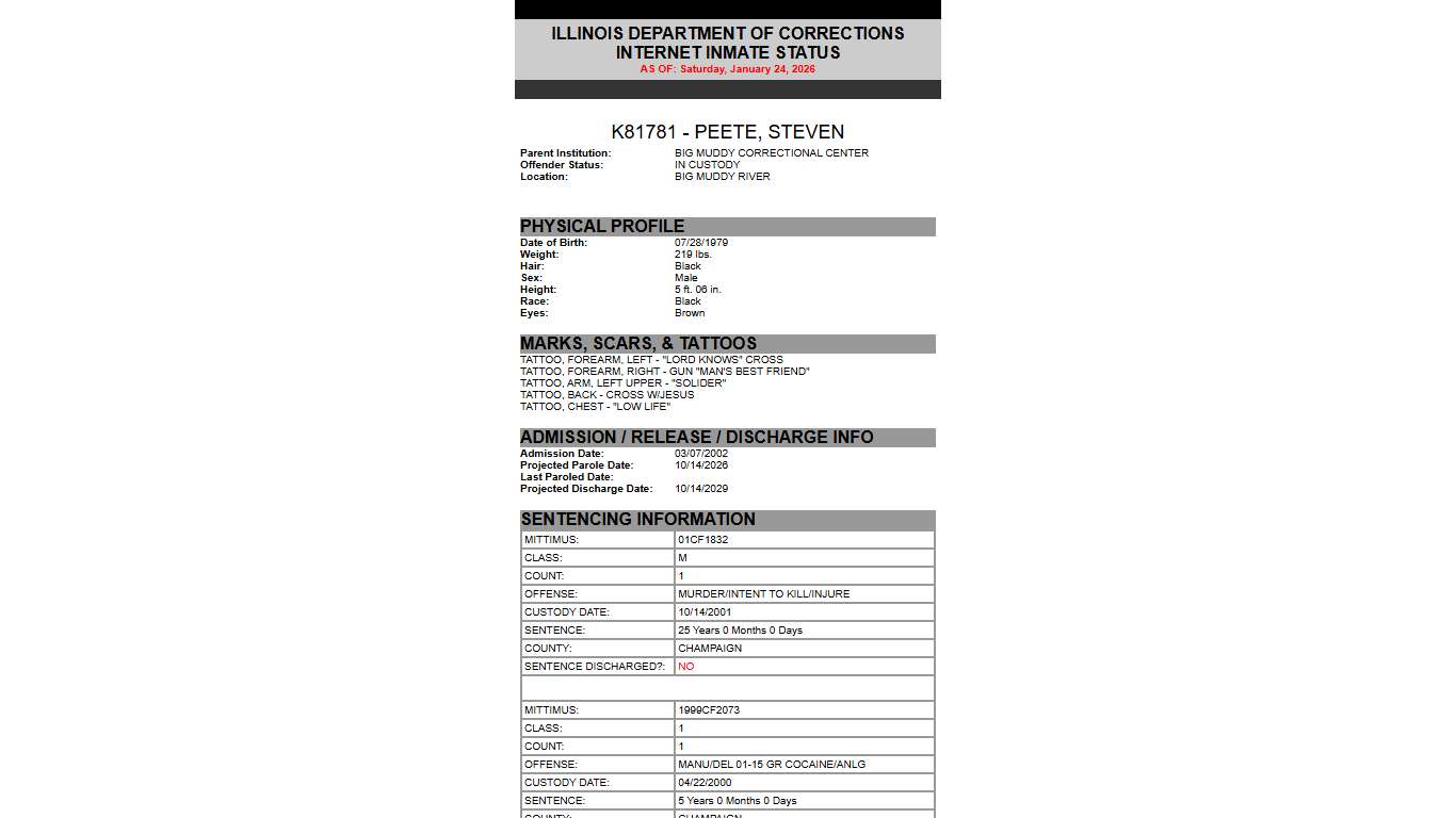 State of Illinois DEPARTMENT OF CORRECTIONS Inmate Search Results